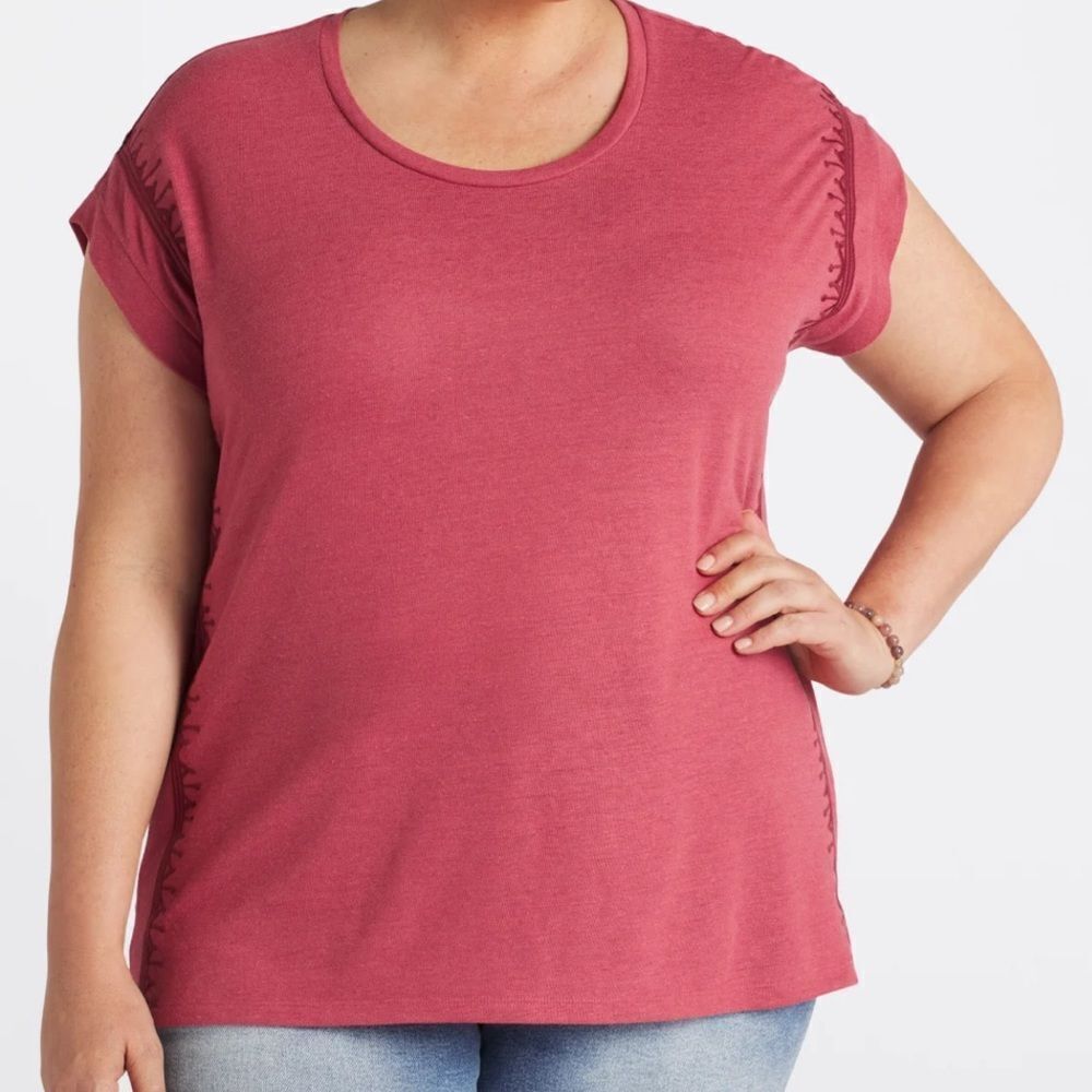 Market & Spruce‎ Brandee Scoop Neck Embroidered Linen Tee Red XL NWT